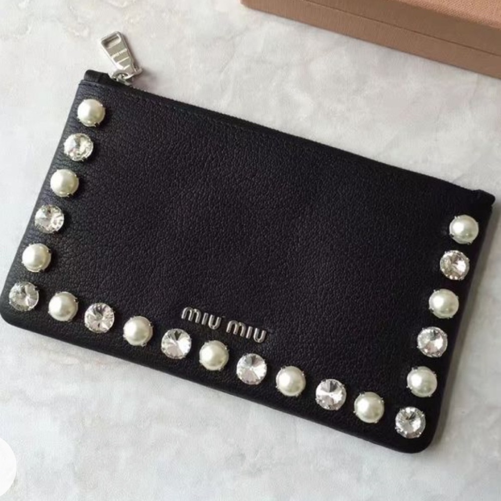 Miu Miu Black Leather Pearl & Rhinestone Pouch